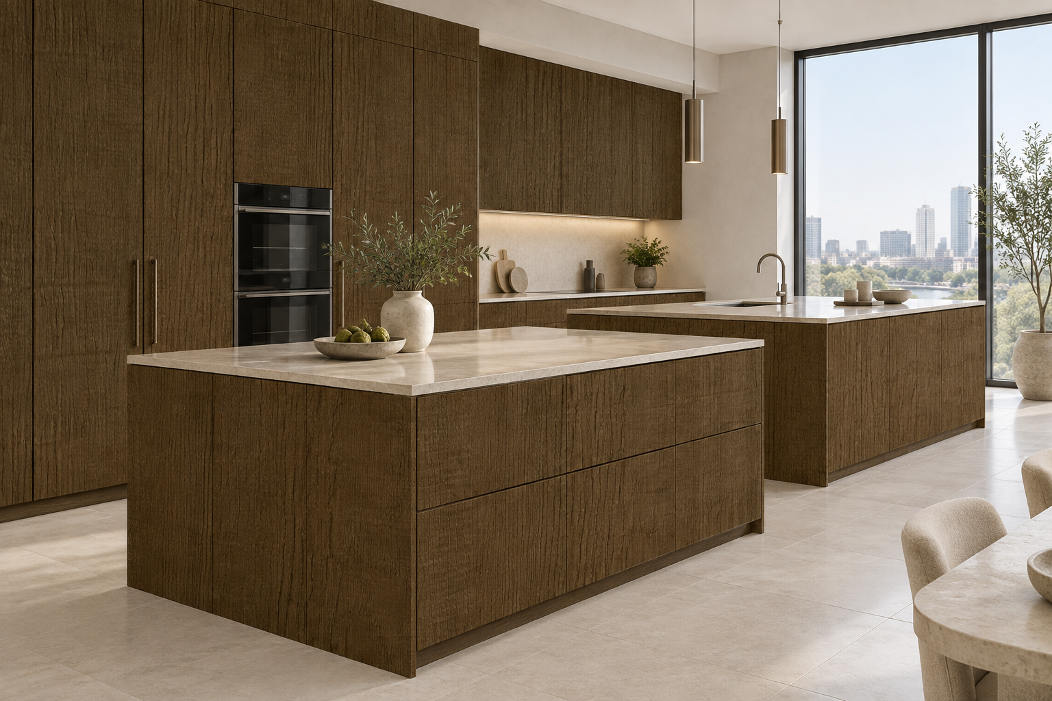 Kitchen design visualization with Saw Walnut Mocha HT6082 cabinetry
