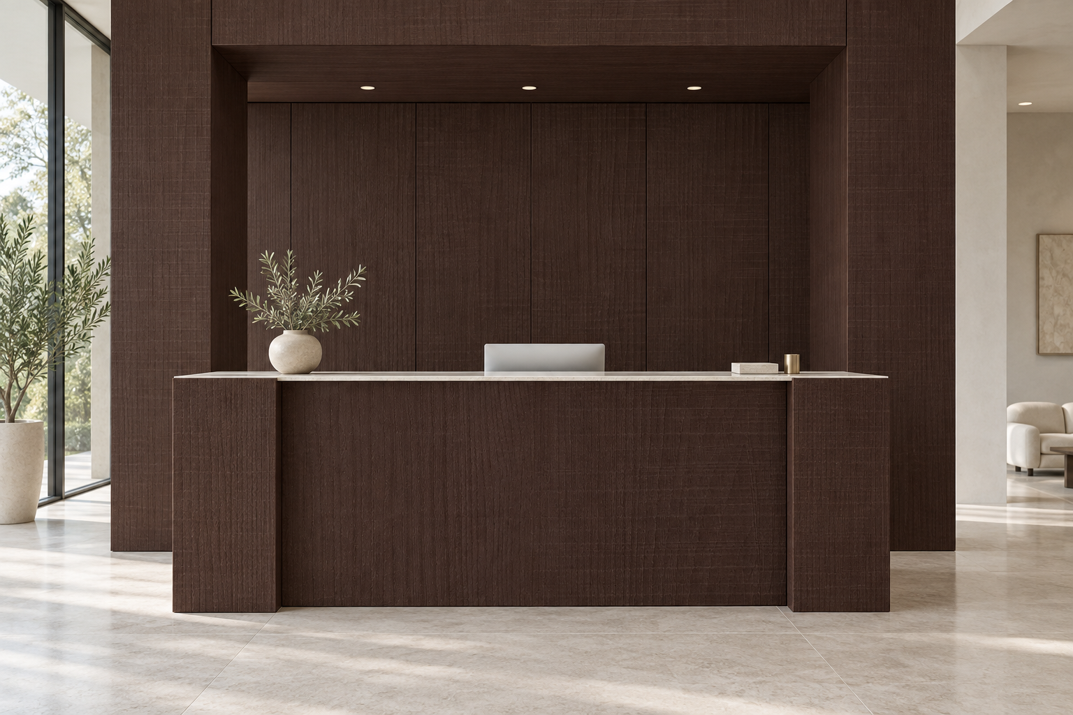 Design visualization: portal reception in Saw Walnut Brown, decor HT6083