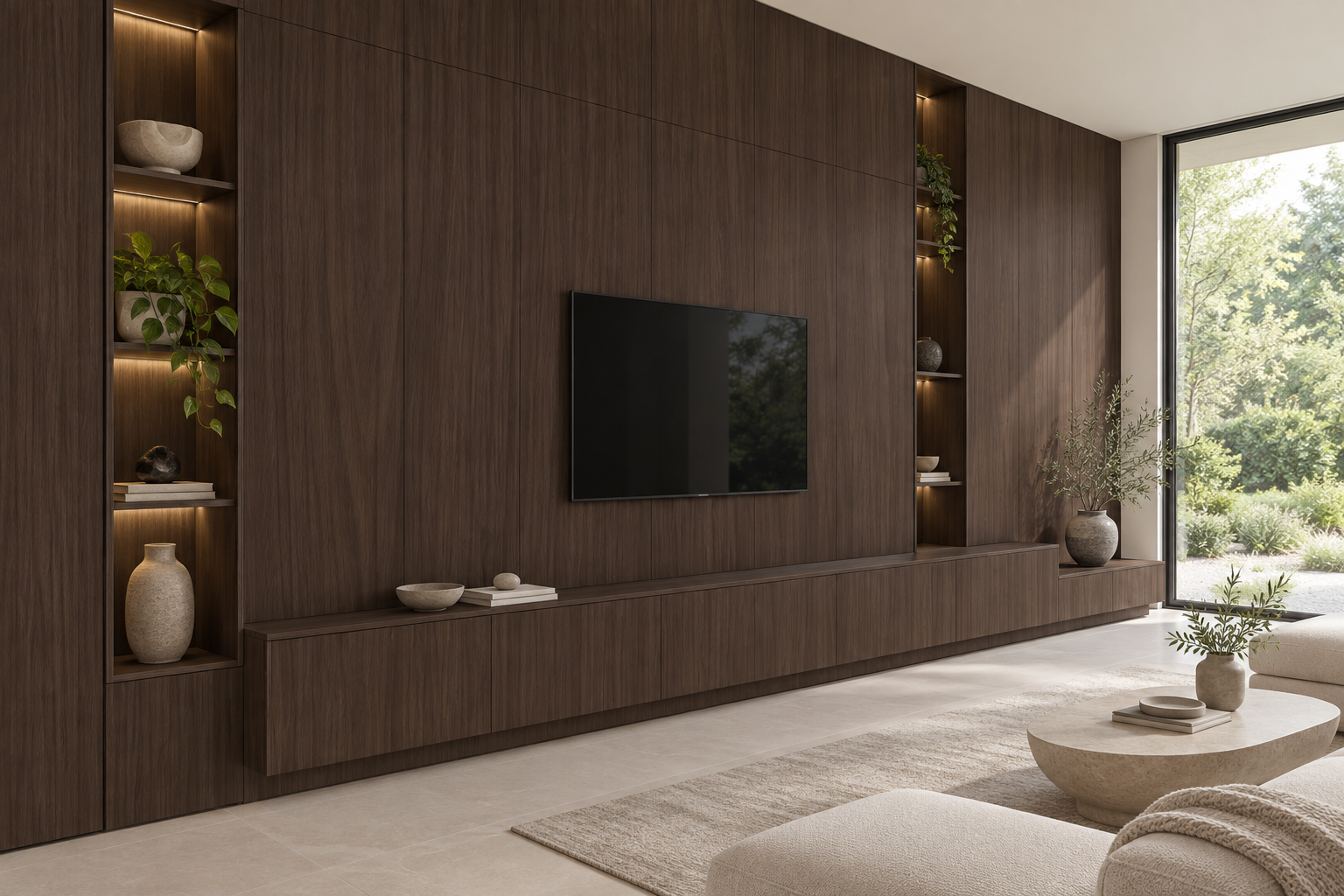 Design visualization: long gallery wall in Quarter Walnut Origin, decor HT6091