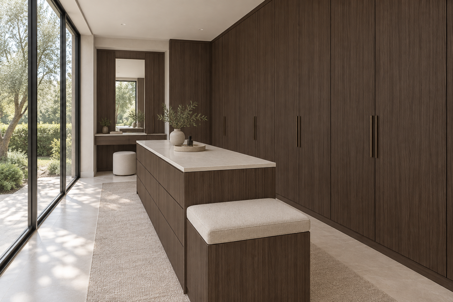 Design visualization: window-side dressing room in Quarter Walnut Origin, decor HT6091