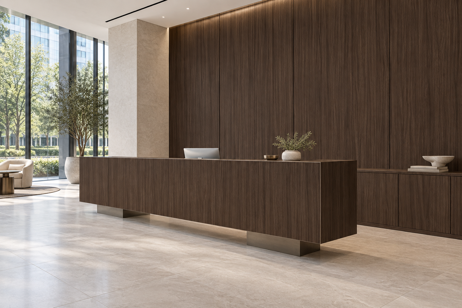 Design visualization: linear gallery reception in Quarter Walnut Origin, decor HT6091