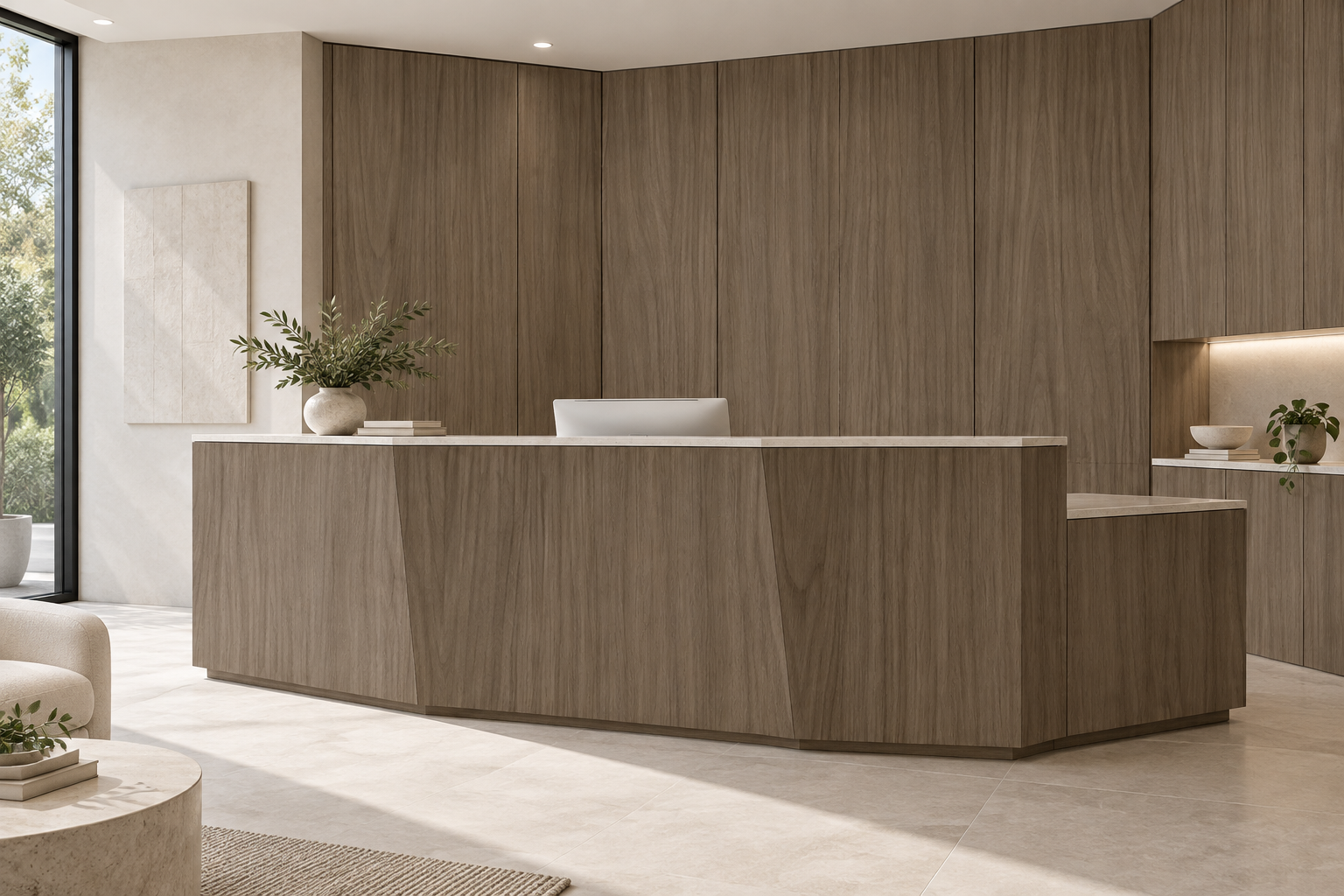 Design visualization: angular reception counter in Quarter Walnut Red, decor HT6092