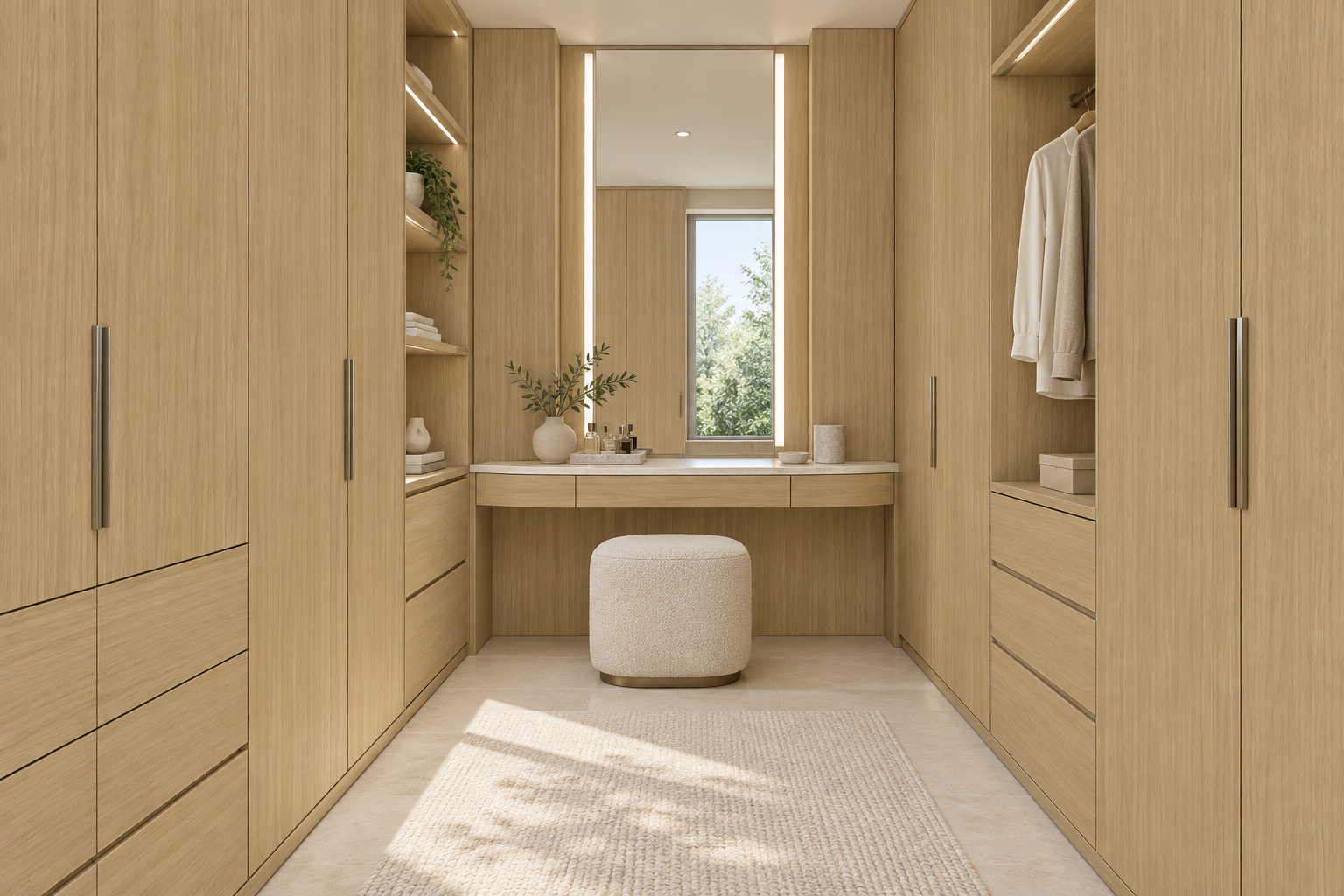 Design visualization: compact walk-in wardrobe in Quarter Walnut Brown, decor HT6093
