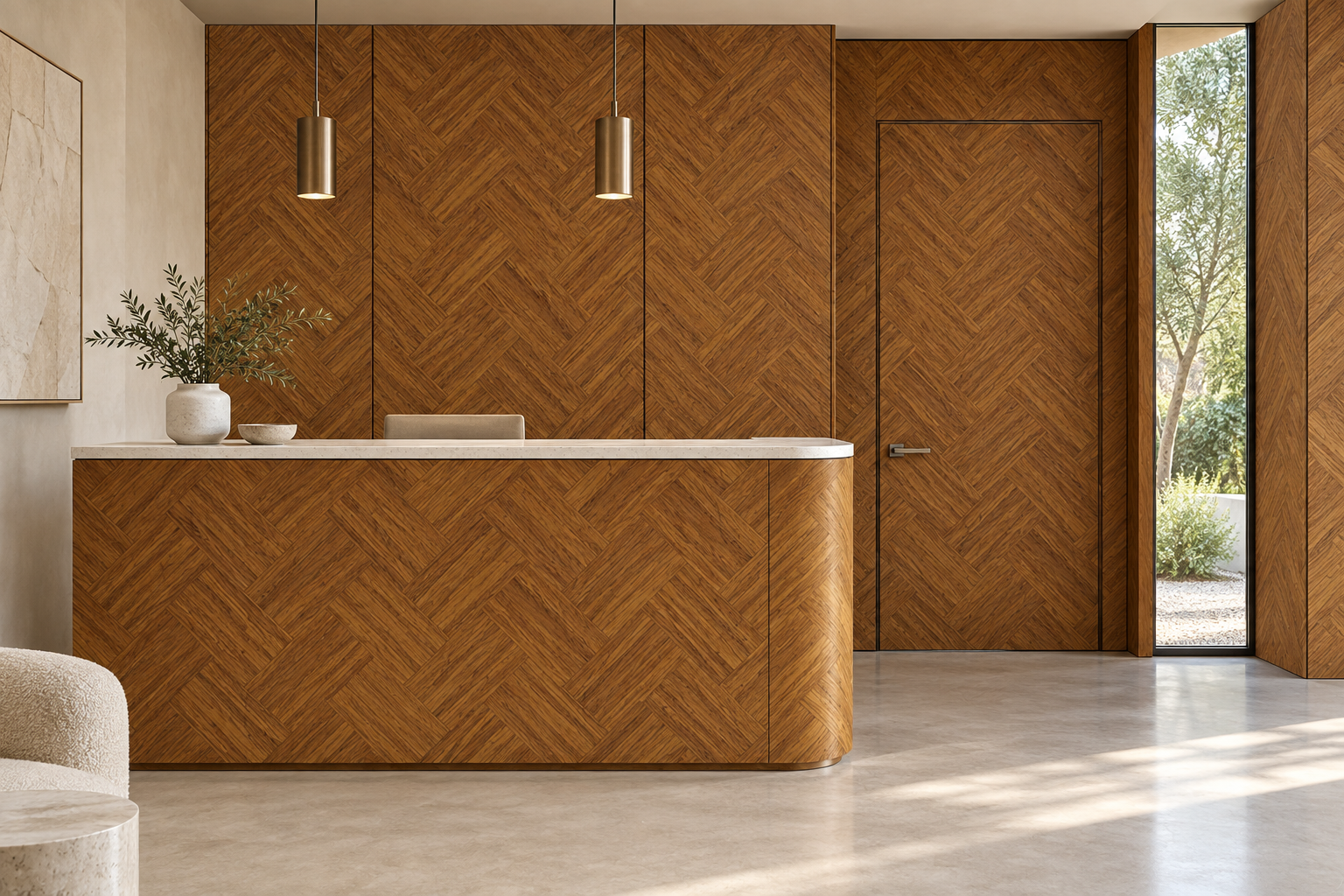 Design visualization: rounded bamboo counter in Woven Bamboo, decor HZ3016