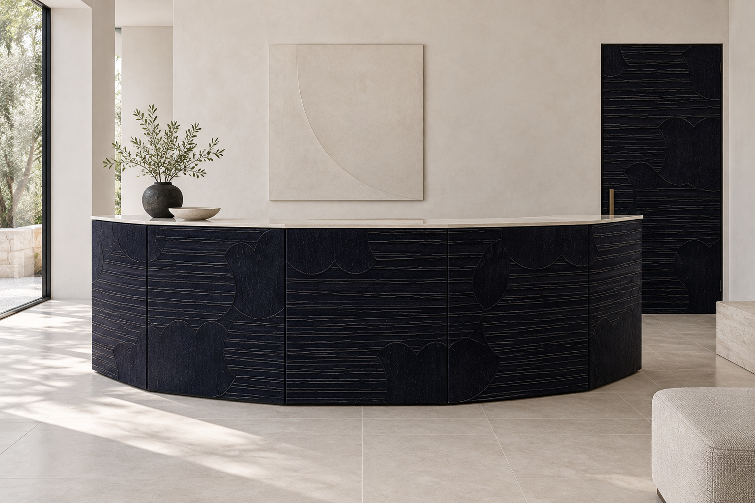 Design visualization: crescent service counter in Smoke Craft, decor HZ3020