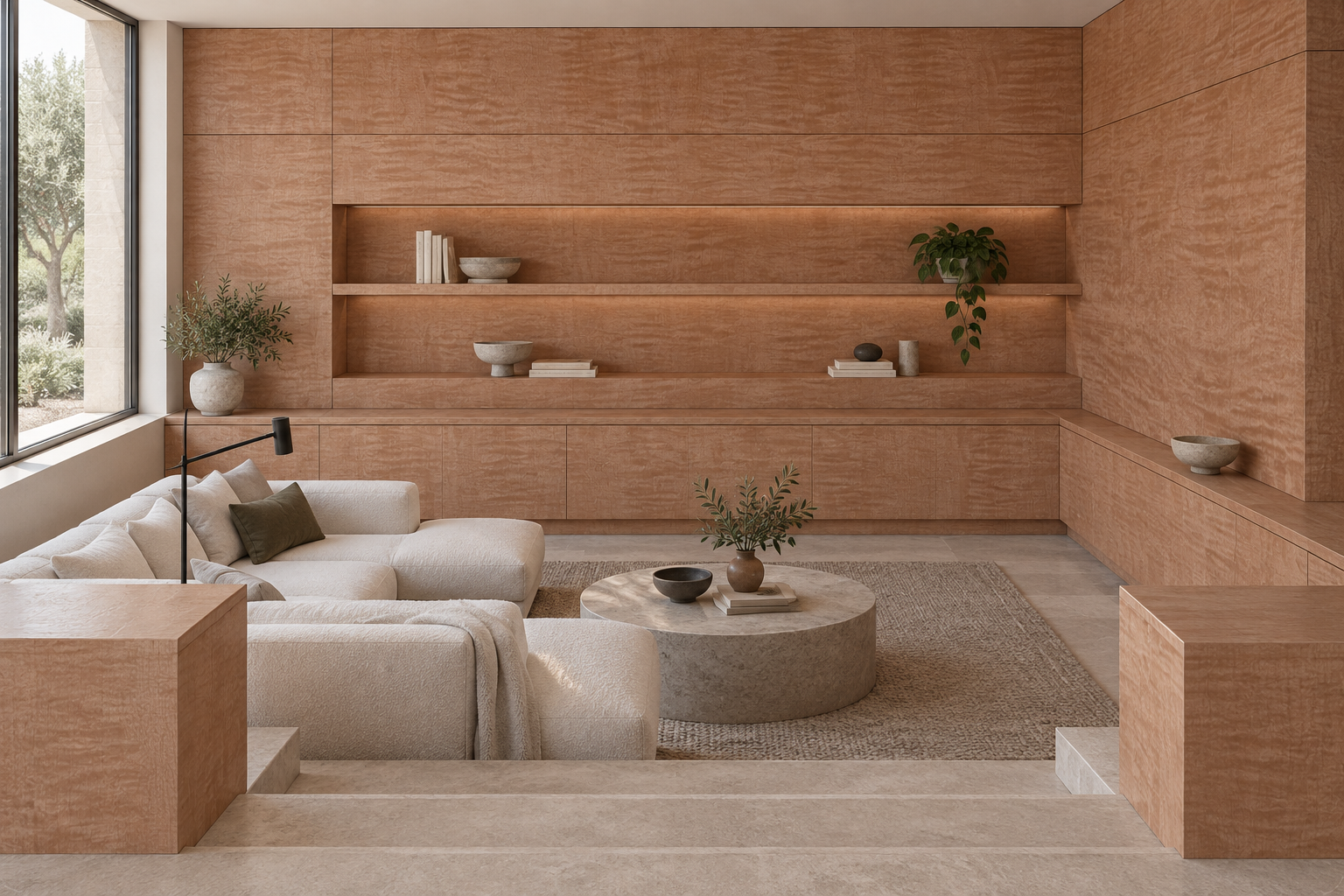 Design visualization: stepped salon paneling in Maple Glimmer, decor HZ3021