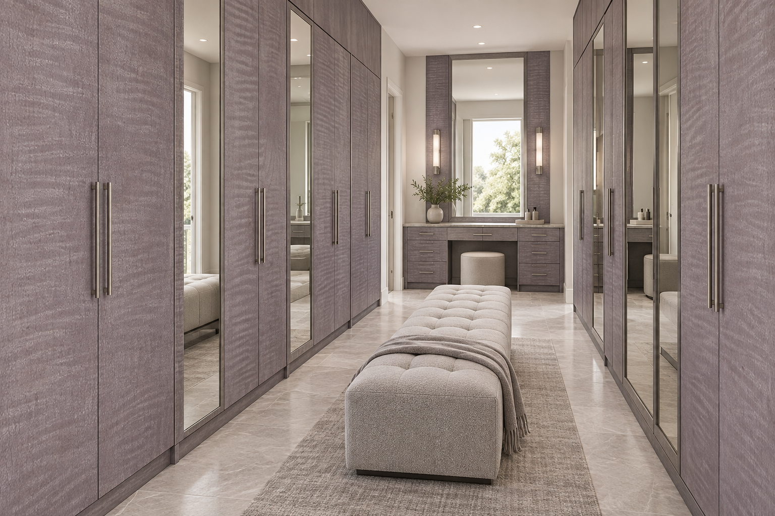 Design visualization: mirrored wardrobe gallery in Maple Purple, decor HZ3022