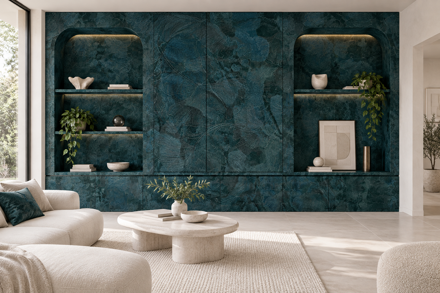 Design visualization: rounded reading wall in Jade Cloud, decor HZ3024