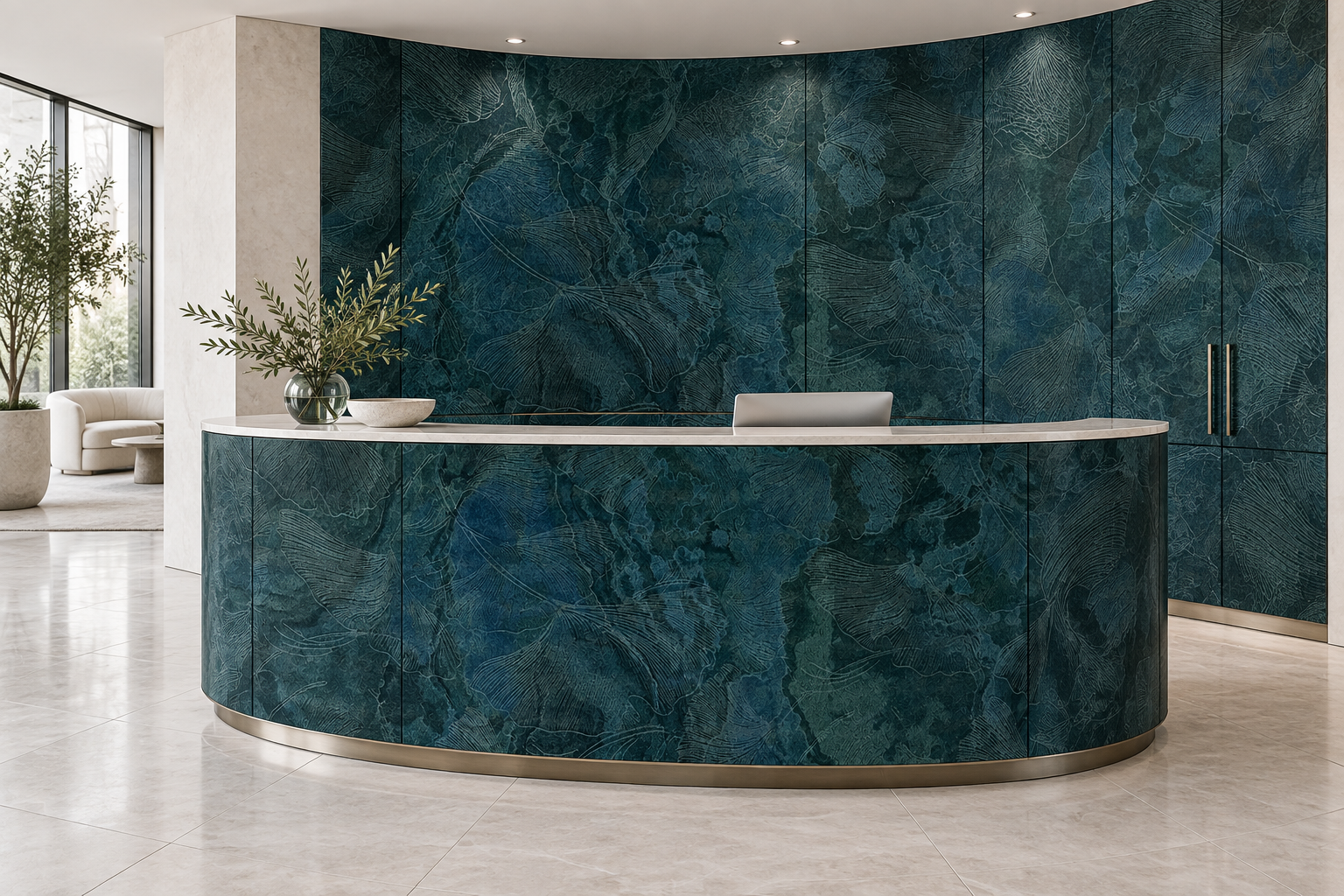 Design visualization: elliptical reception desk in Jade Cloud, decor HZ3024