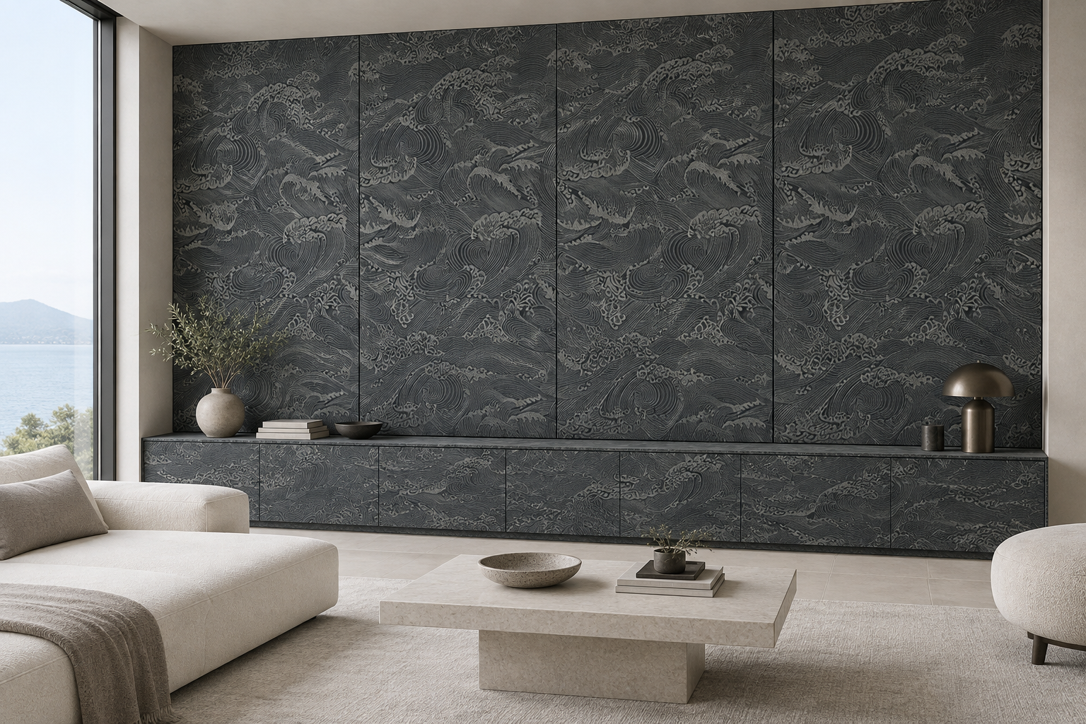 Design visualization: silver-wave lounge panels in Martyr Marrow, decor HZ3025