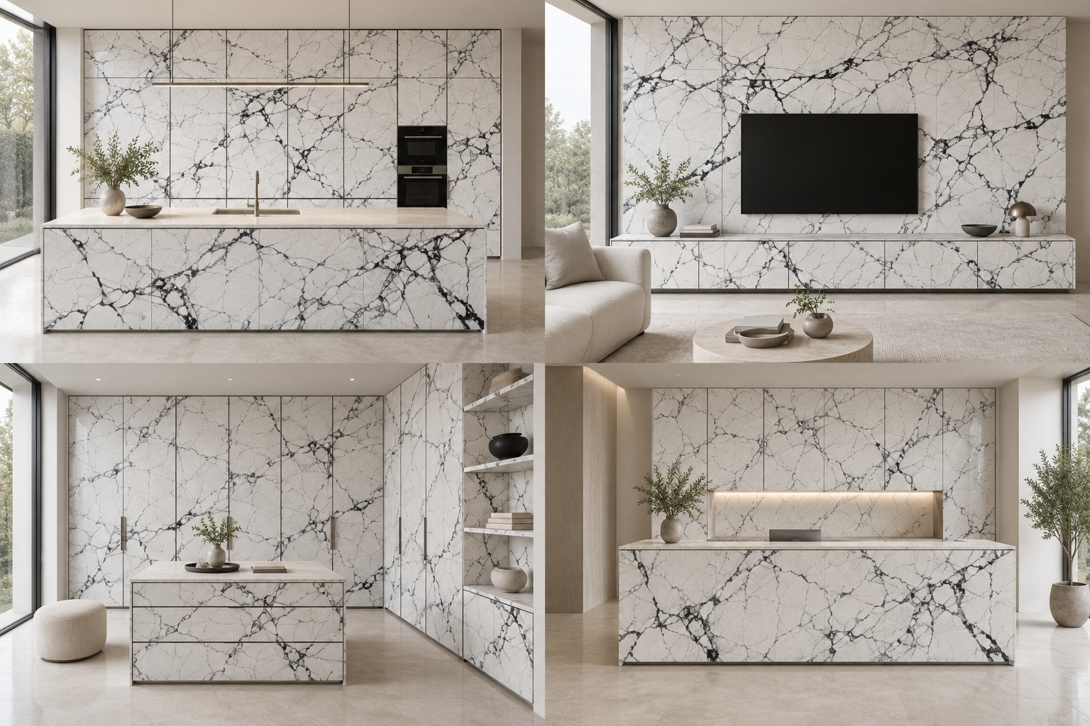 Kitchen design visualization with Glass Frost White QH1089 cabinetry